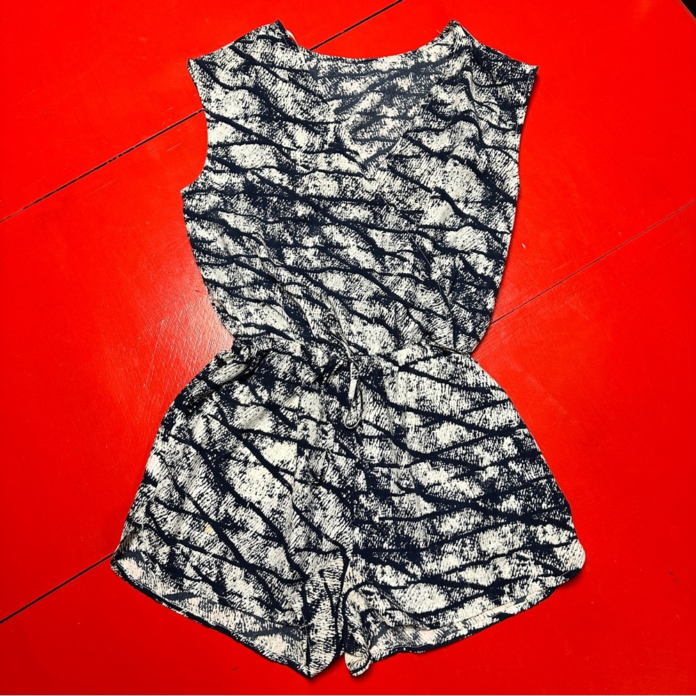 Navy and white romper shorts pockets crossover top elastic waist
